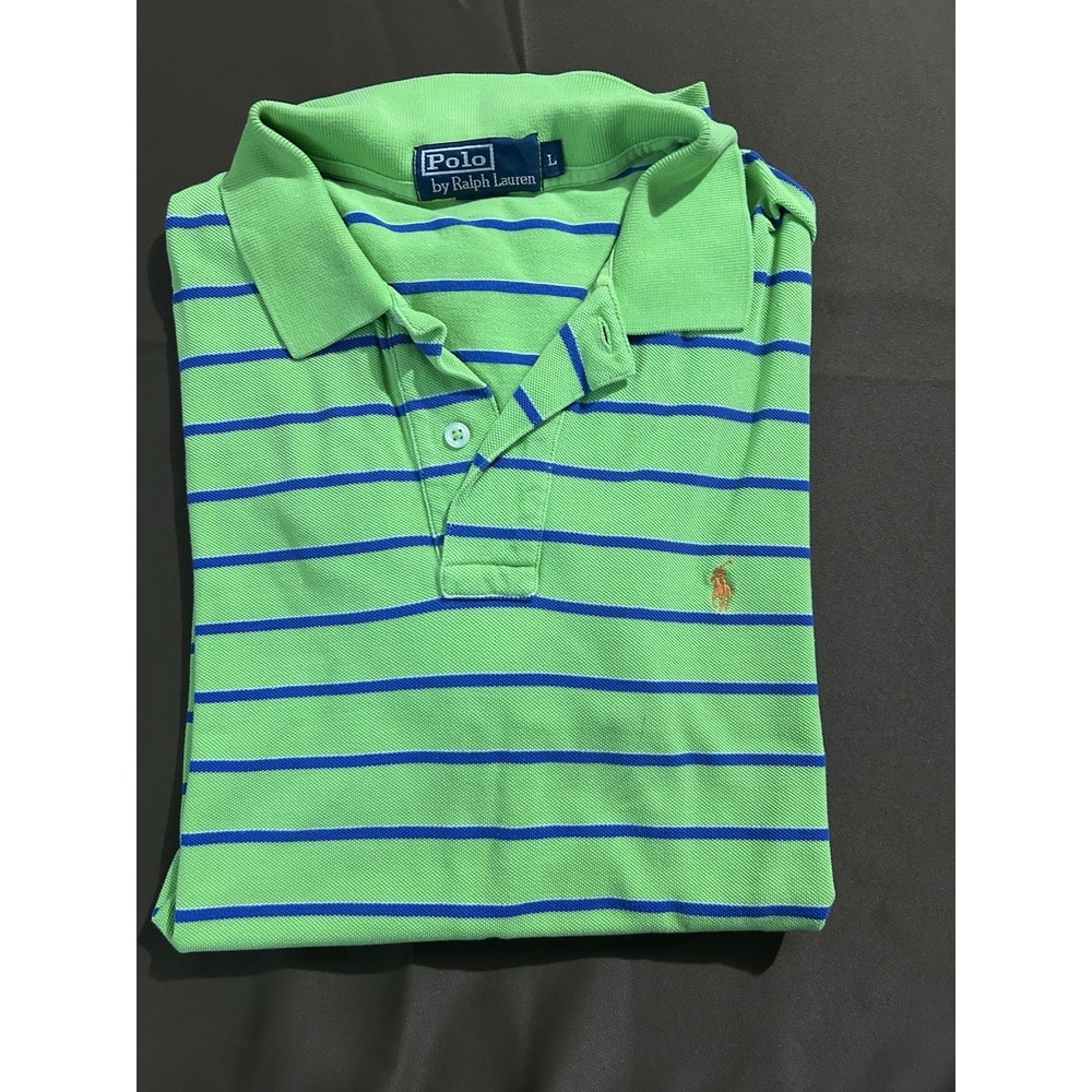 VINTAGE Polo Ralph Lauren Shirt Mens L Green Blue Short Sleeve Striped Pony 90s